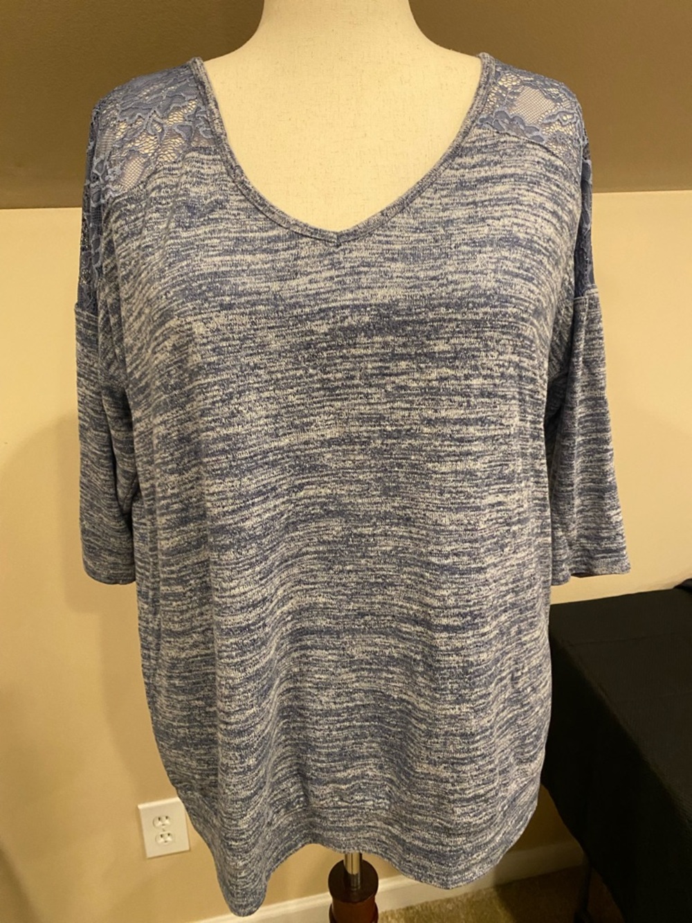 Torrid, Light Blue Heathered V-Neck Lace Shoulder Women's Top